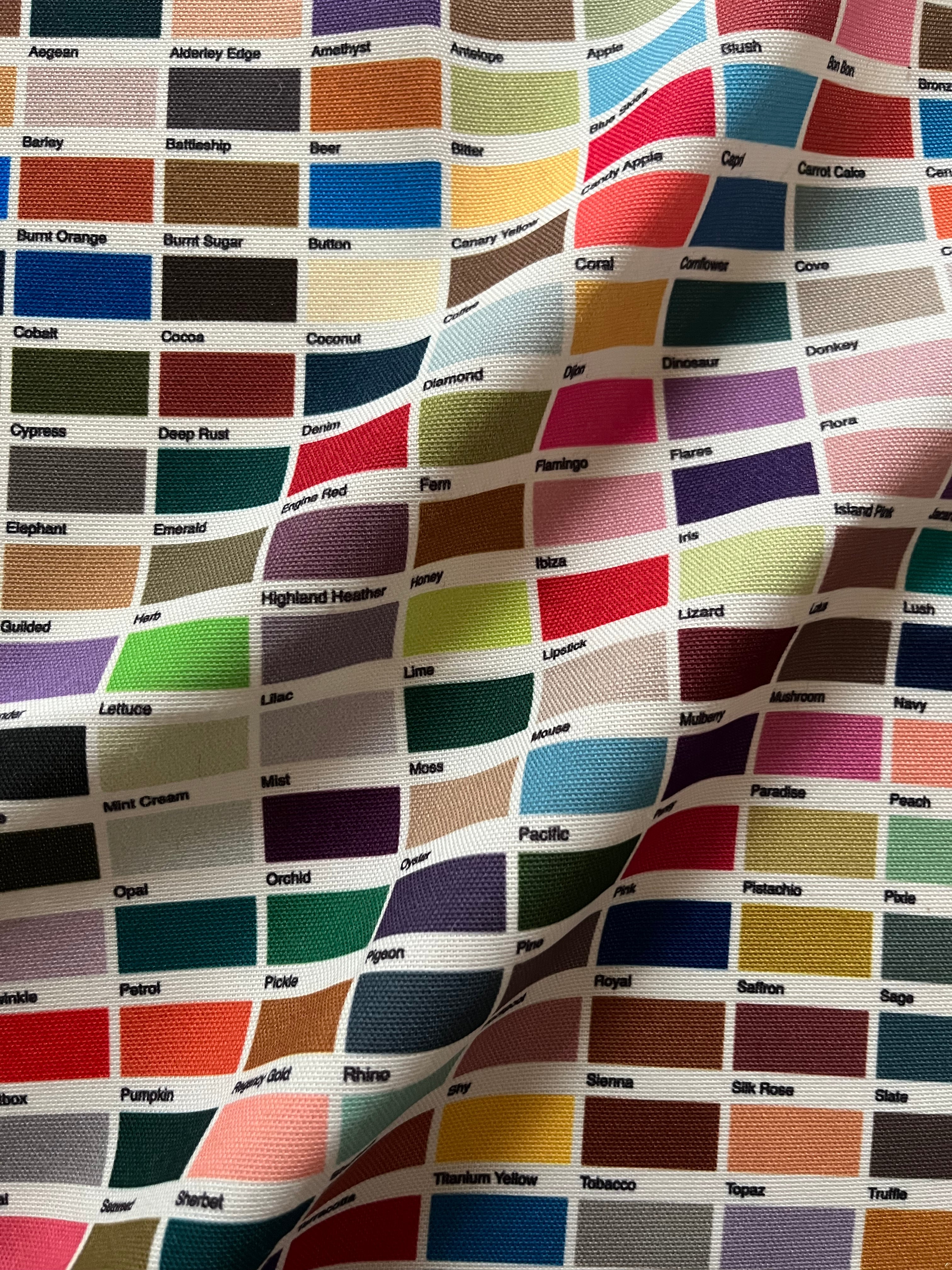 Colours of Arley, recycled sustainable fabric colour chart with bright